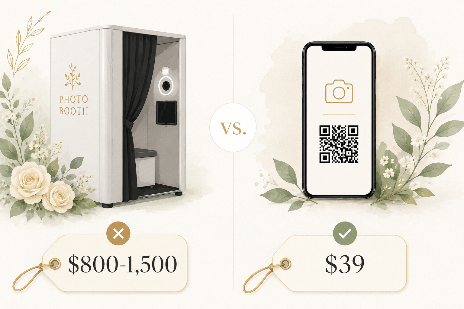 Cost comparison illustration: photo booth rental at $800-1,500 versus WedPort digital guestbook at $39